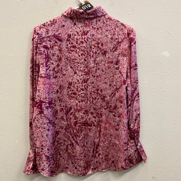 Zara pink satin abstract print button-down blouse with bishop sleeves Large 740 - Picture 8 of 9